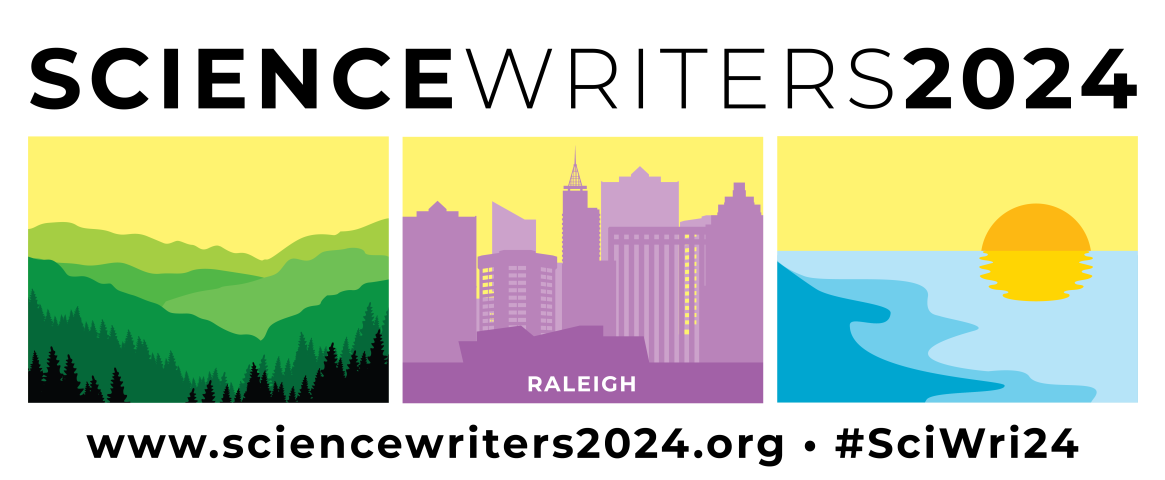 Horizontal graphic with the Science Writers 2024 conference logo, a triptych showing the Blue Ridge Mountains, downtown Raleigh skyline, and the North Carolina coastline with a rising sun. Web address science writers 2024 dot org and hashtag Sci Wri 24 are visible below.