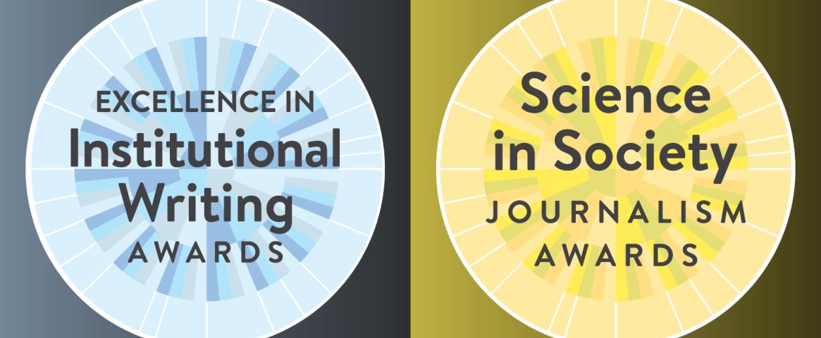 Side by side graphics of the N A S W journalism award and institutional writing award logos.