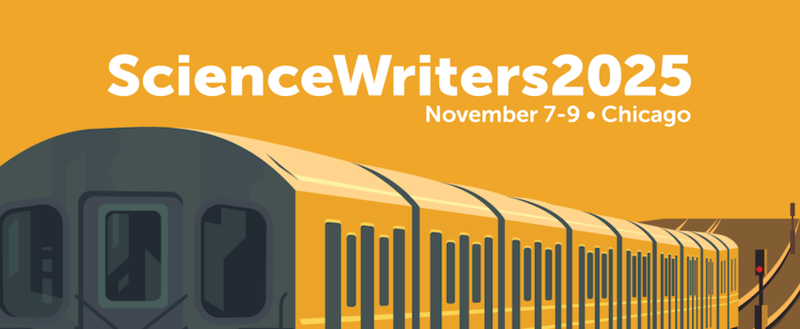 ScienceWriters2025 logo showing an L train drawing on an orange background.