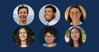Graphic with six circle frames displaying portrait photos of N A S W Diversity Summer Fellows of different genders and ethnicities.