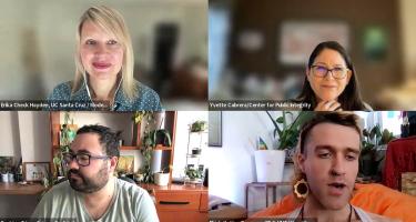 Screenshot of a four-panel Zoom Meeting with speakers Erika Check Hayden, Yvette Cabrera, Rodrigo Perez Ortega, and Elijah Yetter-Bowman