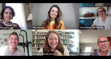 Screenshot of a six-panel Zoom Meeting with speakers Cara Giaimo, Filipa Ramos, Jenny Splitter, Benji Jones, Bathsheba Demuth, and Brandon Keim speak during ScienceWriters2024 Early Access.