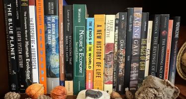Rectangular photo of Ferris Jabr’s office bookshelf with titles about evolution, climate change, plants, and the history of life on a shelf containing fossils, acorns and seed pods. Photo credit Ferris Jabr. 