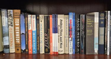 Rectangular photo of Alison Bass’ office bookshelf showing books by Isaac Bashevis Singer, Chaim Potak, Bernard Malamud, and other great storytellers. Photo credit: Alison Bass.