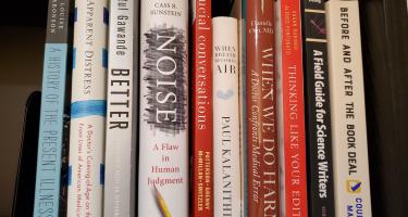 Rectangular photo of Ilana Yurkiewicz’s office bookshelf showing titles exploring doctor-patient relationships and writing. Photo credit Ilana Yurkiewicz