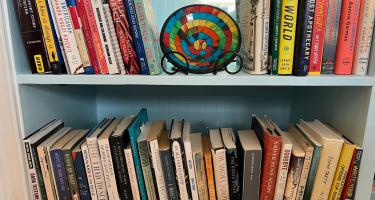 Rectangular photo of Ginger Pinholster’s office bookshelf containing a variety of narratives by and about people living on the edges of society, including some with mental illness. Photo credit Ginger Pinholster.