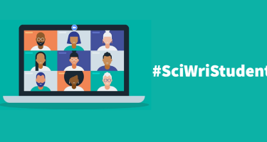 Stock graphic of a cartoon laptop with video conferencing squares, and text hashtag Sci Wri Student