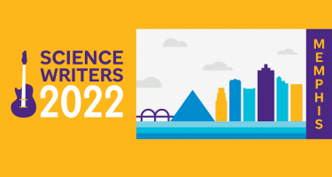 A rectangular graphic with logomark Science Writers 2022 posed with an electric guitar. Accompanying illustration shows the Memphis skyline with outlines of the de Soto Bridge and the Great America Pyramid