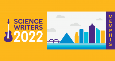 A rectangular graphic with logomark Science Writers 2022 posed with an electric guitar. Accompanying illustration shows the Memphis skyline with outlines of the de Soto Bridge and the Great America Pyramid