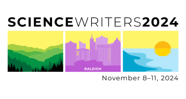 Horizontal graphic with the Science Writers 2024 conference logo, a triptych showing the Blue Ridge Mountains, downtown Raleigh skyline, and the North Carolina coastline with a rising sun.