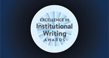 Logomark of the N A S W Excellence in Institutional Writing Awards, a round medallion motif nested within a radiant gradient background.