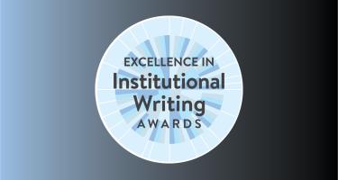 Graphic with circular logo of the N A S W Excellence in Institutional Writing Awards, which somewhat resembles a rosette or a plasmid diagram.  The logo is set against a linear gradient pattern, evoking the sense of knowledge revealed by a spotlight.