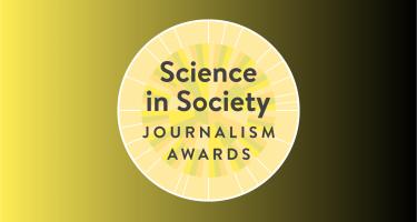 Graphic with circular logo of the N A S W Science in Society Journalism Awards, which somewhat resembles a rosette or a plasmid diagram. The logo is set against a linear gradient pattern, evoking the sense of knowledge revealed by a spotlight.