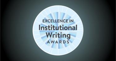 Logomark of the N A S W Excellence in Institutional Writing Awards, a round medallion motif nested within a radiant gradient backgroun.