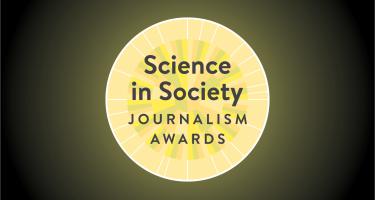 Logomark of the N A S W Science in Society Journalism Awards, a round medallion motif nested within a radiant gradient backgroun.