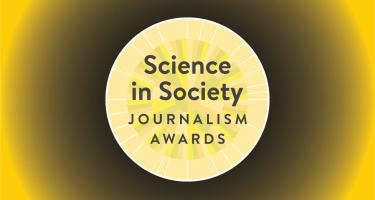 Graphic with circular logo of the N A S W Science in Society Journalism Awards, which somewhat resembles a rosette or a plasmid diagram. The logo is set against a radiating gradient pattern, evoking the sense of knowledge diving deep into the unknown.