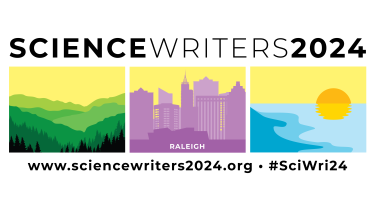 Horizontal graphic with the Science Writers 2024 conference logo, a triptych showing the Blue Ridge Mountains, downtown Raleigh skyline, and the North Carolina coastline with a rising sun. Web address science writers 2024 dot org and hashtag Sci Wri 24 are visible below.