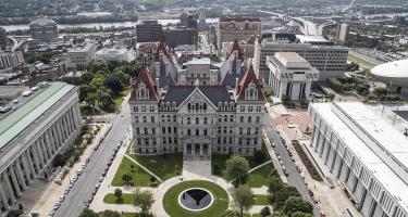 Landscape photo of an aerial view of the New York State Capitol