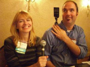 Nicholson (left) and Olson with the video reporting essentials: microphone, camera and Gorillapod